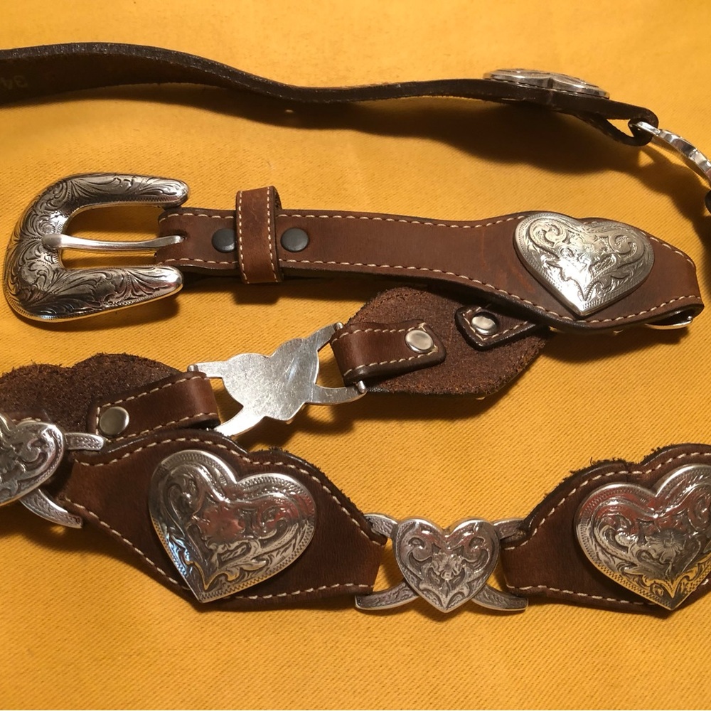 Tony Lama Brown Leather Belt with Silver Heart Conchos
